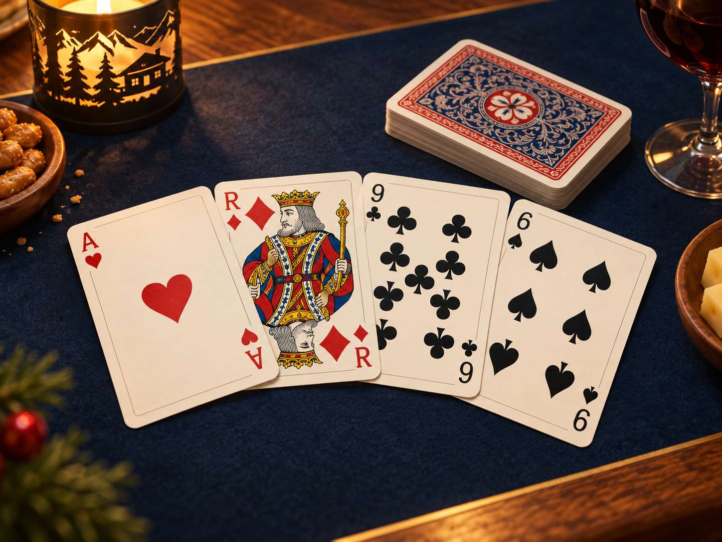 Cartes de chibre sur une table : as de cœur, roi de carreau, neuf de trèfle et six de pique.
